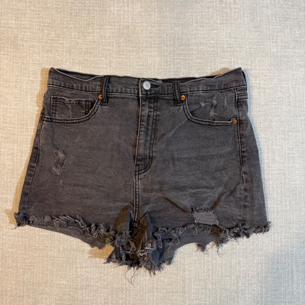 Willow + Root Black Denim Mom Shorts Size 31 High Waisted Distressed Cut Off
